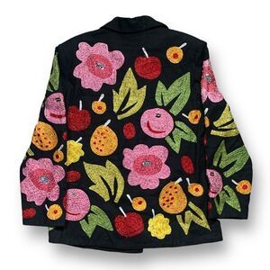 Vintage 90s Shirt Jacket Black Oversized Multicolor Fruit Dark Floral Printed